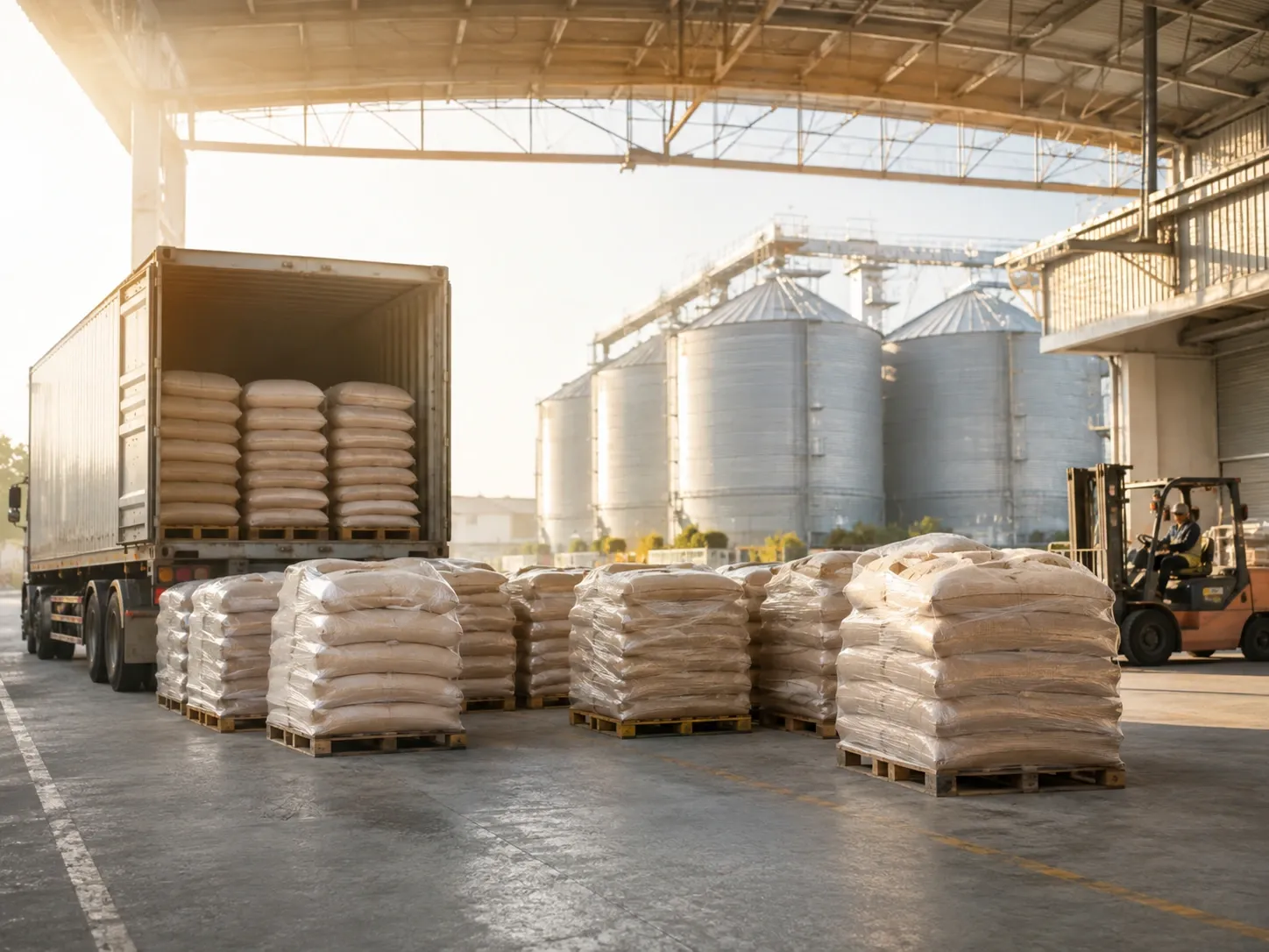 Silo ve yükleme alanında çuvallı un sevkiyatı ve toptan tedarik lojistiği
