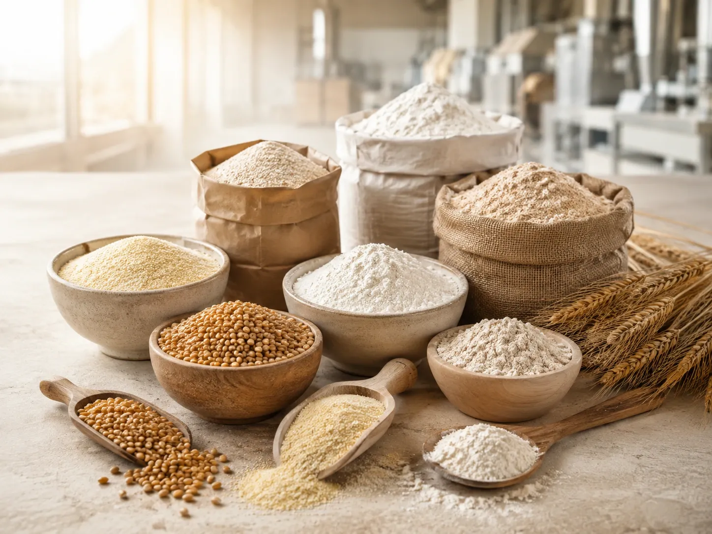 Farklı un ve tahıl çeşitlerinin doğal ışıkta still life ürün sunumu